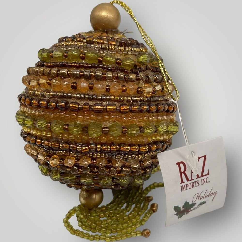RAZ IMPORTS~Gold Brown tan green BEADS  BALL Christmas or Fall Ornament Regency